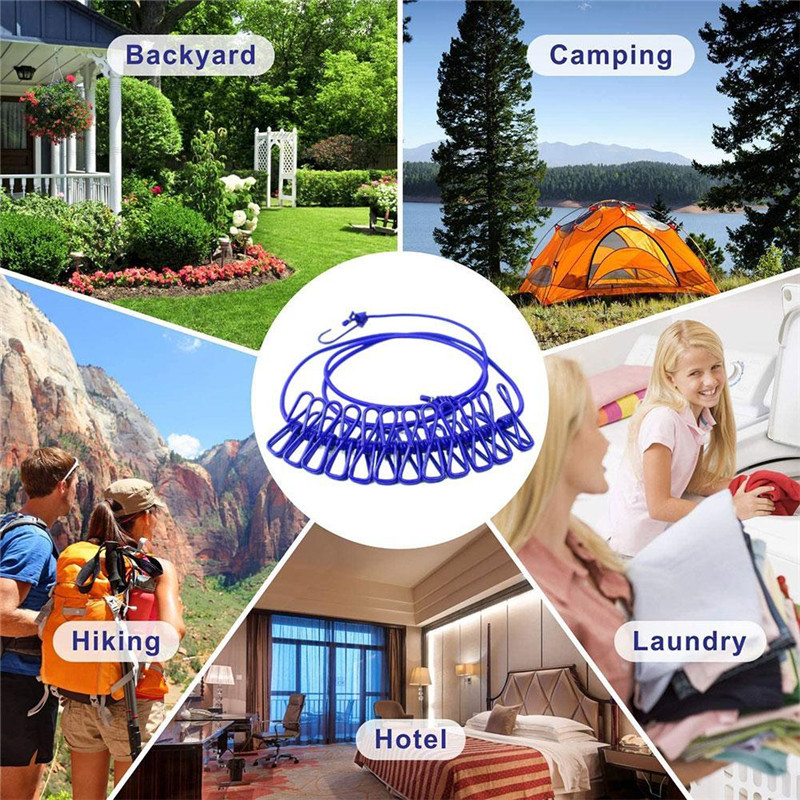 180 cm elastična vanjska vješalica za sušenje rublja, vješalica za hlače, uže za sušenje rublja s 12 kopči, vješalica za vješalice za sušenje odjeće, putovanja, kampiranje Linija