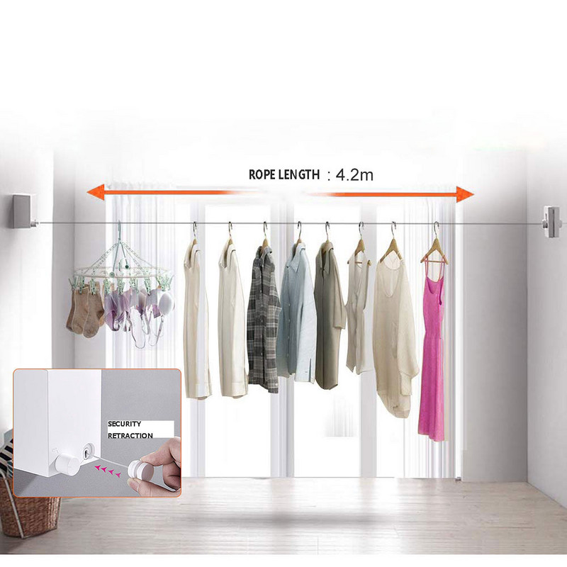 Beltéri, kültéri rozsdamentes acél visszahúzható mosodai ruhakötél falra akasztható sztreccs mosóruhák láthatatlan zsugorodó vonal