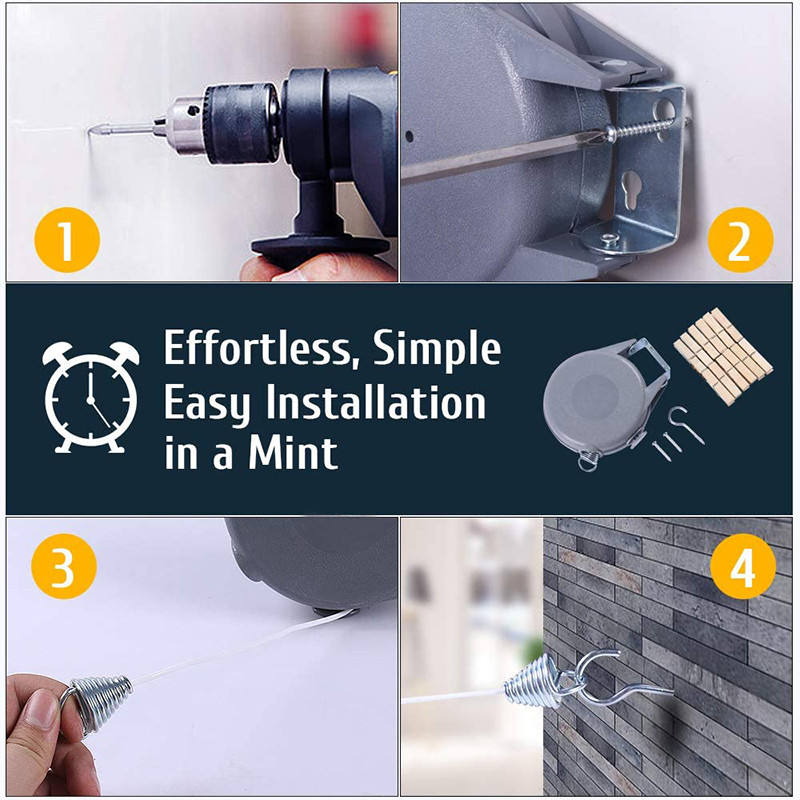 12M ištraukiama skalbinių linija, didelės talpos drabužių džiovintuvas su reguliuojama PVC virve Vidaus lauko skalbinių kabyklos rūbų laikiklis