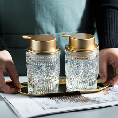 Европейска стъклена бутилка за сапун Golden Stroke Декоративна настолна шампоан Преса Комплект бутилки Модерен релеф Домашни аксесоари за баня