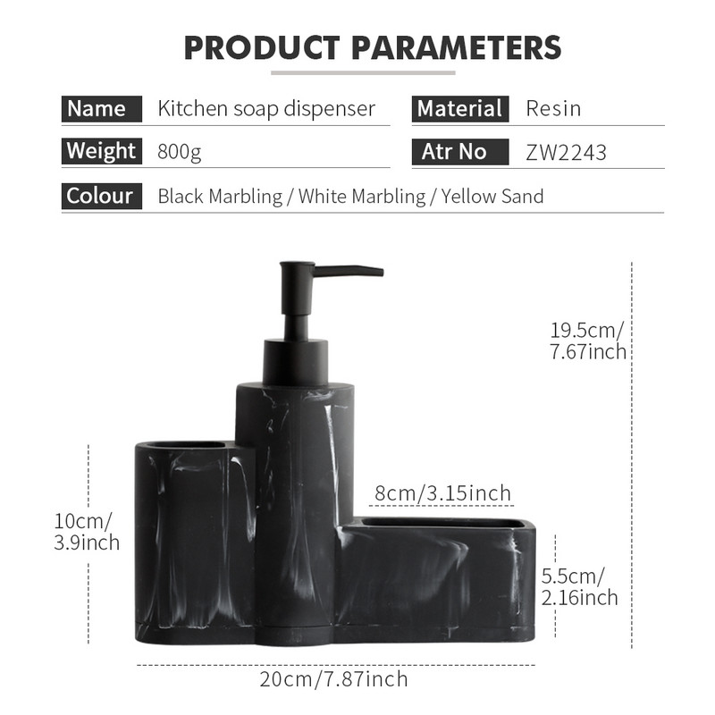 Virtuvės muilo dozatorius Marble Look Skystas rankų ir indų muilo dozatorius, siurblys, butelis, kriaukle, indų ploviklis, šepetys, kempinės laikiklis 3 viename