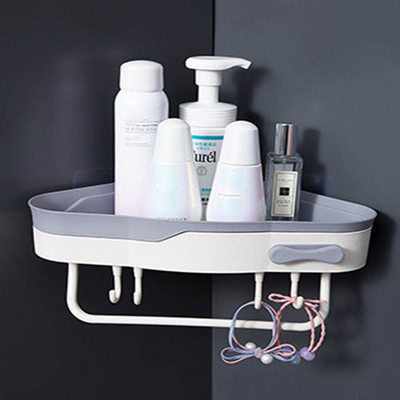 Plastikinė prie sienos tvirtinama kampinė lentyna be smūgių trikampė laikymo lentyna su kabliukais Šampūnas dušo želė laikymo lentyna Vonios kambario priedas