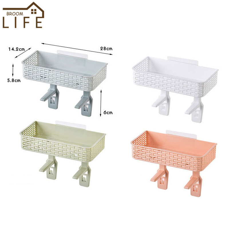 Coș cosmetic pentru baie din plastic de culoare bomboană cu cârlige de remorcare Suport de depozitare montat pe perete Raft pentru prosoape pentru chiuvetă Accesorii pentru baie