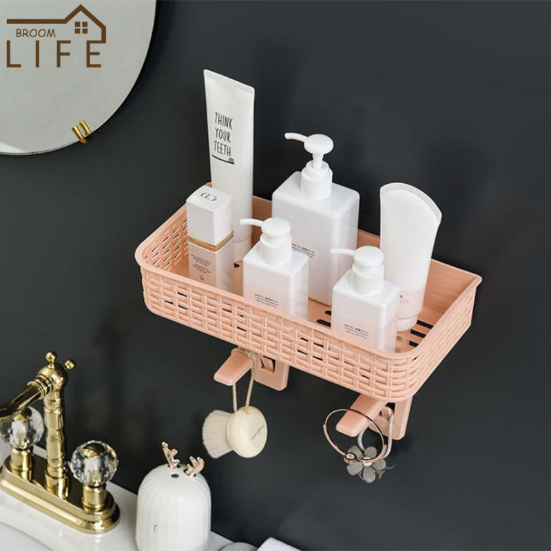 Coș cosmetic pentru baie din plastic de culoare bomboană cu cârlige de remorcare Suport de depozitare montat pe perete Raft pentru prosoape pentru chiuvetă Accesorii pentru baie