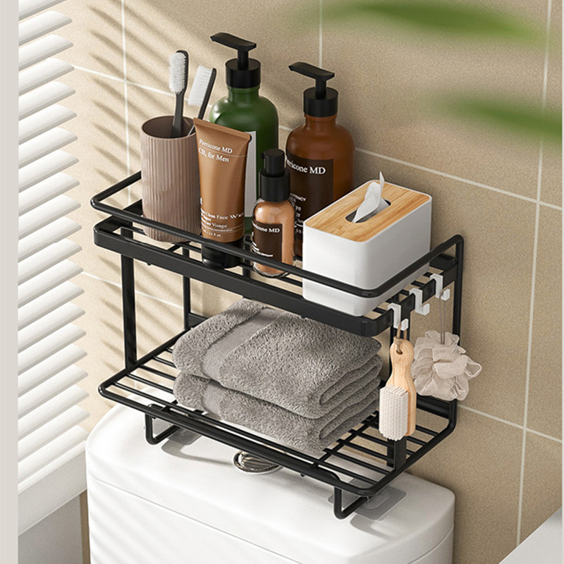 Tualeto viršutinė laikymo lentyna 2 pakopų tualeto laikiklis Vonios anglies plieno lentyna su pakabinamu kabliu ir lipniu pagrindu, vietos taupymo priemonė
