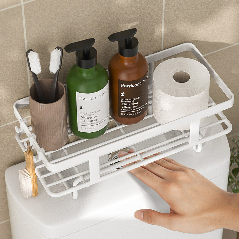 Tualeto viršutinė laikymo lentyna 2 pakopų tualeto laikiklis Vonios anglies plieno lentyna su pakabinamu kabliu ir lipniu pagrindu, vietos taupymo priemonė