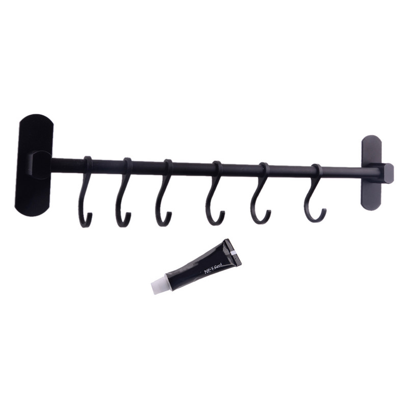 Kuhinjska kupaonska šipka Zidni držač za posuđe Stalak za odlaganje 6 kuka 40 cm duljine crna/srebrna