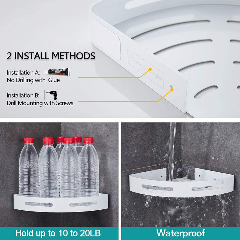 Rafturi de depozitare din aluminiu pentru baie, duș, raft de colț cu 4 cârlige, toaletă, organizator de bucătărie, adeziv, fără rafturi de găurire