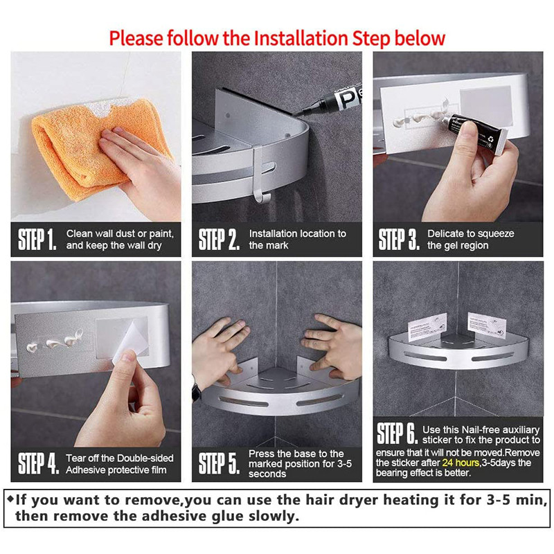 Rafturi de depozitare din aluminiu pentru baie, duș, raft de colț cu 4 cârlige, toaletă, organizator de bucătărie, adeziv, fără rafturi de găurire