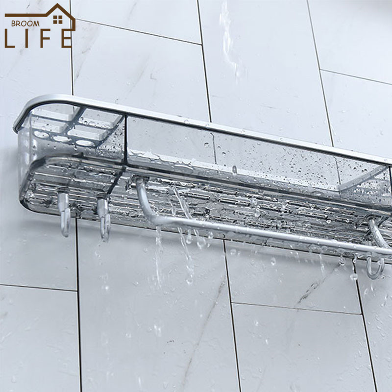Organizator transparent de colț Raft pentru baie Suport pentru perie de machiaj Suport de depozitare din plastic pentru toaletă montat pe perete cu organizator pentru bară de prosoape