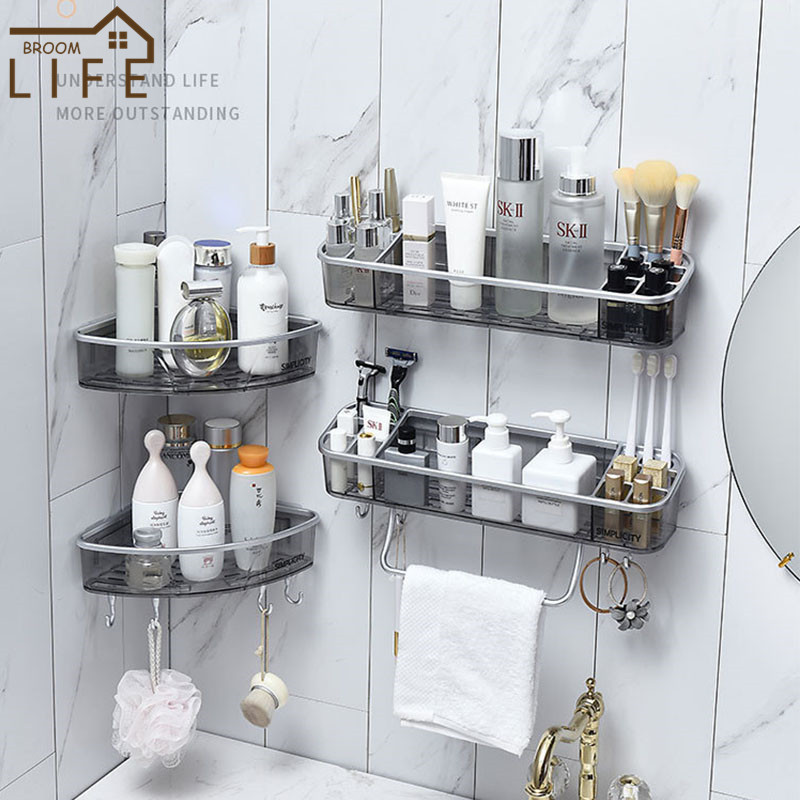 Organizator transparent de colț Raft pentru baie Suport pentru perie de machiaj Suport de depozitare din plastic pentru toaletă montat pe perete cu organizator pentru bară de prosoape
