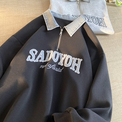 Bluza barbateasca model nou cu guler si fermoar din denim