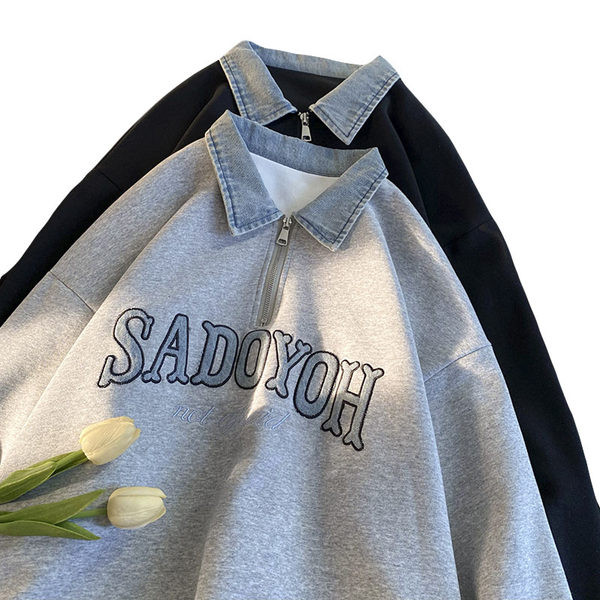 Bluza barbateasca model nou cu guler si fermoar din denim