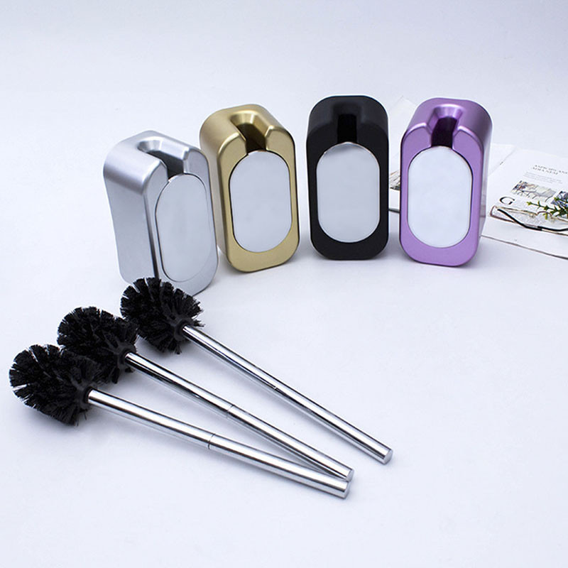 Set de perii de toaletă cu mâner lung din oțel inoxidabil, montat pe perete, pentru articole de curățare pentru baie Suport pentru perie din ceramică, montat pe perete