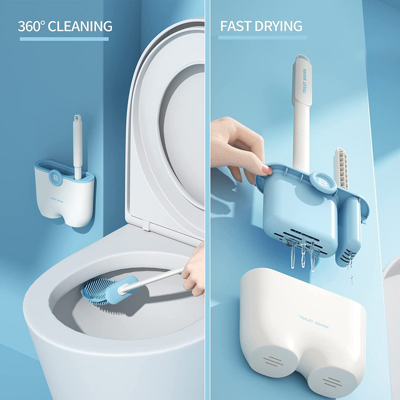 Perie de toaletă cu cap din silicon TPR moale cu set de suport Mâner detașabil montat pe perete Kit de curățare pentru curățarea baie Accesorii pentru WC