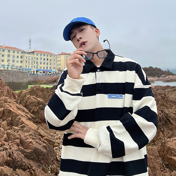 Férfi csíkos galléros blúz