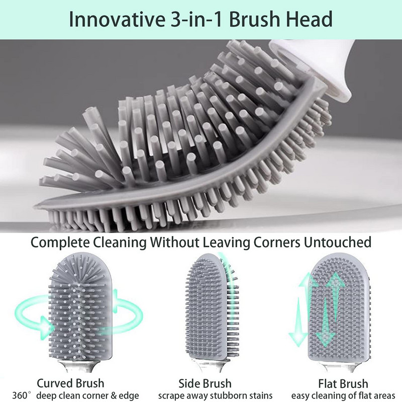 Višenamjenska silikonska WC četka s držačem, dvostrana glava za čišćenje, zidno sredstvo za čišćenje kupaonice i kuhinje