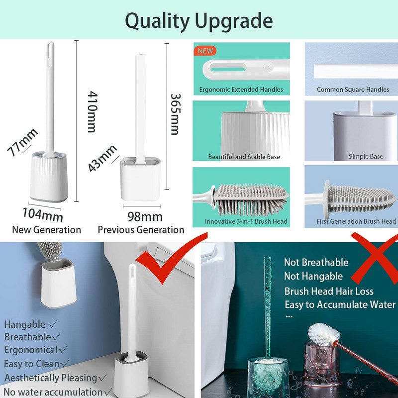 Višenamjenska silikonska WC četka s držačem, dvostrana glava za čišćenje, zidno sredstvo za čišćenje kupaonice i kuhinje
