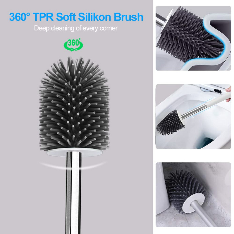 TORMAYS szilikon WC kefe készlet U-alakú kefetartóval, rozsdamentes acél nyéllel falra szerelhető és álló fürdőszobai tisztítás