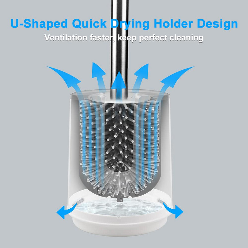 TORMAYS szilikon WC kefe készlet U-alakú kefetartóval, rozsdamentes acél nyéllel falra szerelhető és álló fürdőszobai tisztítás