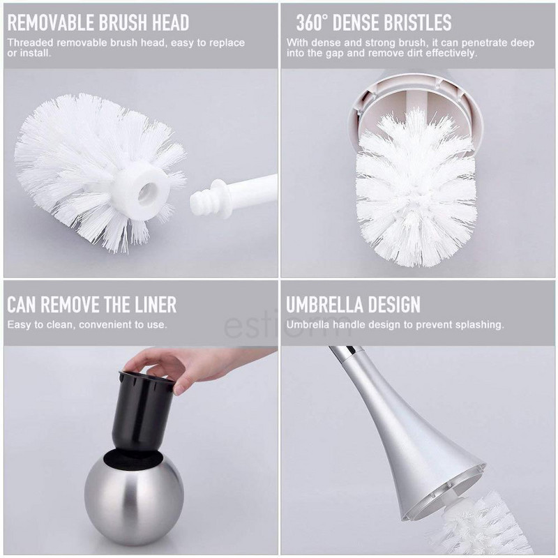 Estiorm WC četka s držačem Moderni set četkica za čišćenje posuda od nehrđajućeg čelika Alati za čišćenje kupaonskih WC-a crna bijela