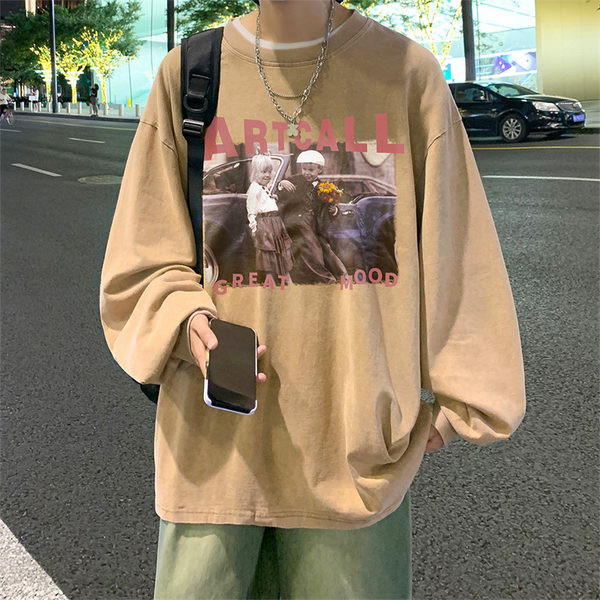 Vyriški marškinėliai ilgomis rankovėmis laisvo kirpimo su raštu