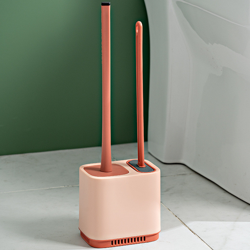 Sieninis ilgos rankenos silikoninis TPR tualeto šepetys, dvigalvis greitai džiūstantis plokščias su laikikliu tualeto šepetys vonios įrankiams