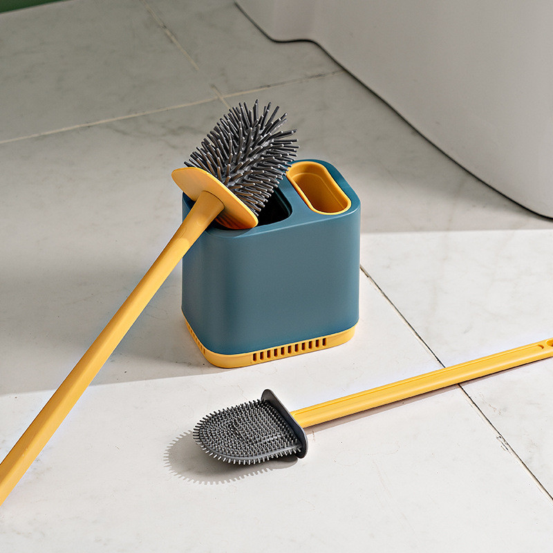 Sieninis ilgos rankenos silikoninis TPR tualeto šepetys, dvigalvis greitai džiūstantis plokščias su laikikliu tualeto šepetys vonios įrankiams