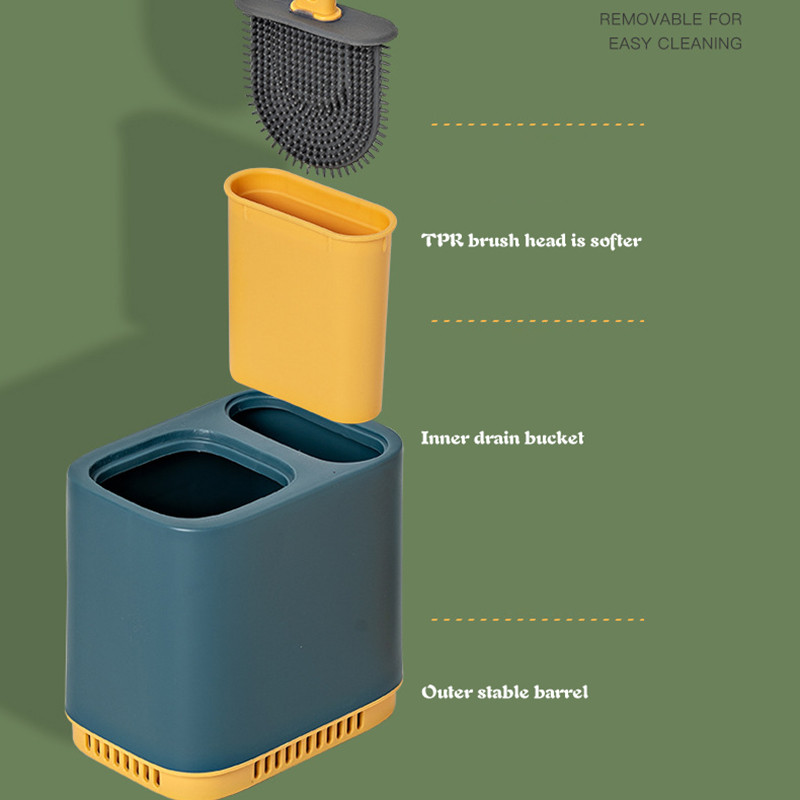 Sieninis ilgos rankenos silikoninis TPR tualeto šepetys, dvigalvis greitai džiūstantis plokščias su laikikliu tualeto šepetys vonios įrankiams