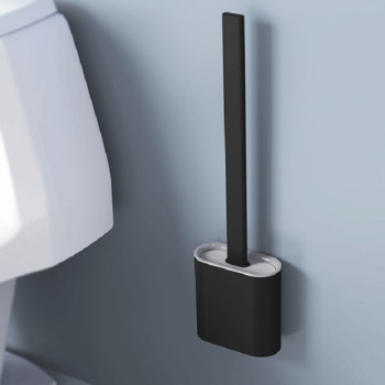 Четка за тоалетна Силиконова плоска с комплект държачи Подвижна черна четка за почистване с дълга дръжка Монтирана на стена Wc Аксесоари за баня