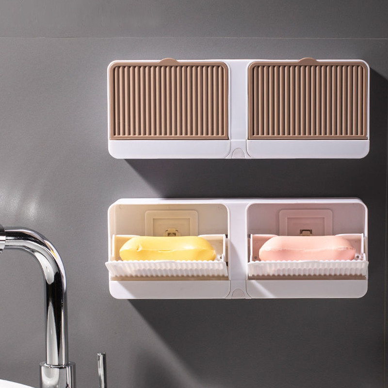 Kūrybinė sieninė muilo dėžutė su dangteliu su dvigubomis grotelėmis muilo nutekėjimo stovas Nuimama laikymo dėžutė vonios kambario muilo laikiklis
