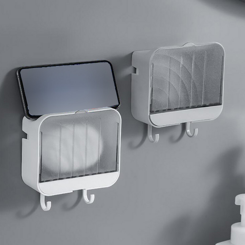 Cutie de săpun montată pe perete Recipient pentru săpun de baie cu capac Suport de scurgere pentru săpun de uz casnic cu cârlige