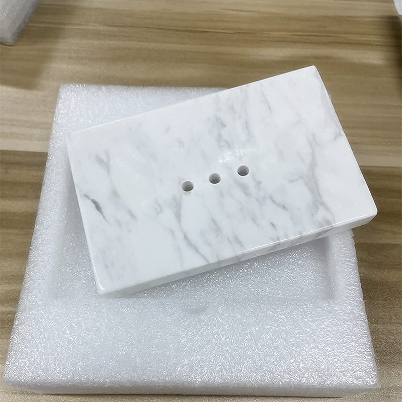Lygus, blizgus tikro natūralaus marmuro muilo indų dėžutė / makiažo kempinės laikiklis su išleidimo anga