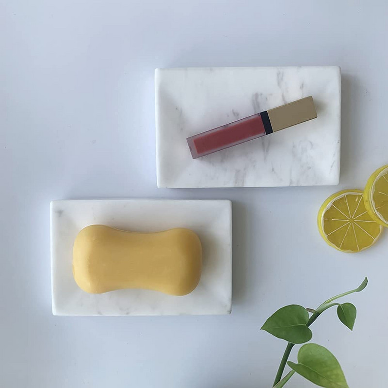 Lygus, blizgus tikro natūralaus marmuro muilo indų dėžutė / makiažo kempinės laikiklis su išleidimo anga