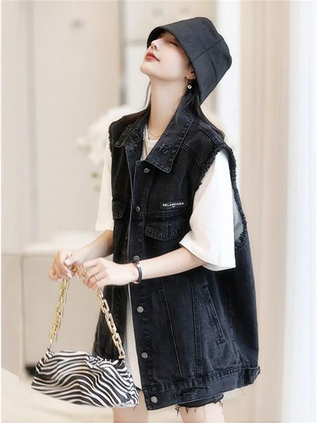 Modern női mellény szakadt motívumokkal - széles modell