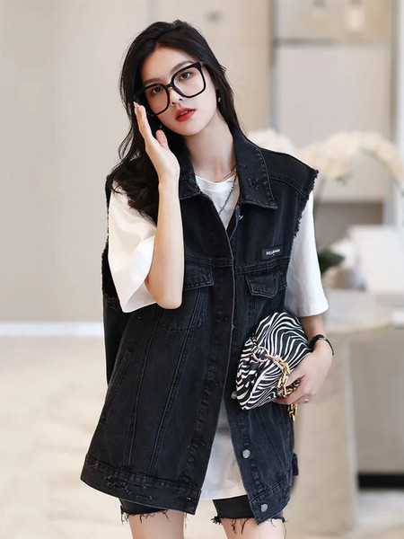 Modern női mellény szakadt motívumokkal - széles modell