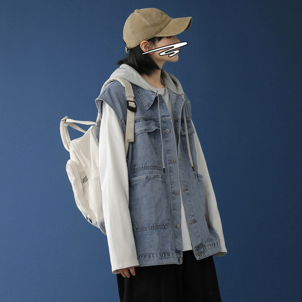 Široki traper prsluk s džepom i gumbima