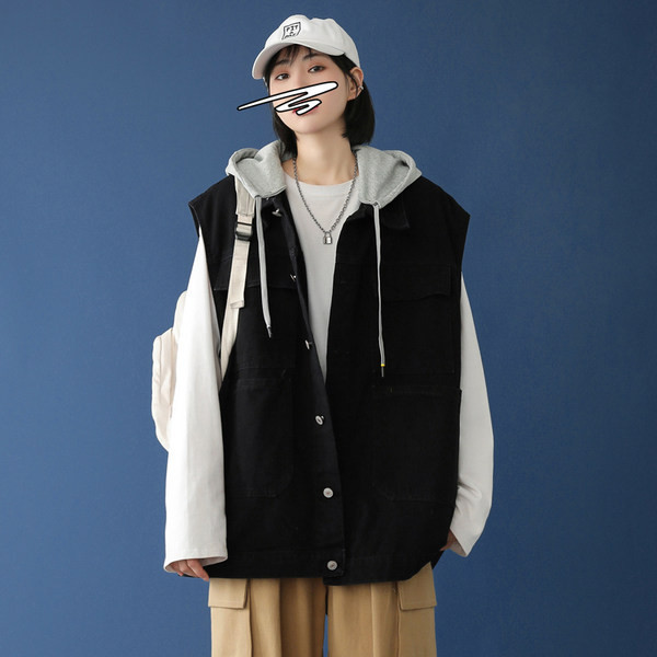 Široki traper prsluk s džepom i gumbima