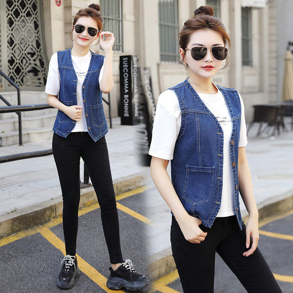 Moteriška laisvalaikio džinsinė liemenė su kišenėmis ir sagomis