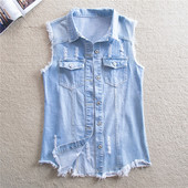 Női farmermellény, zsebbel, szakadt motívumokkal