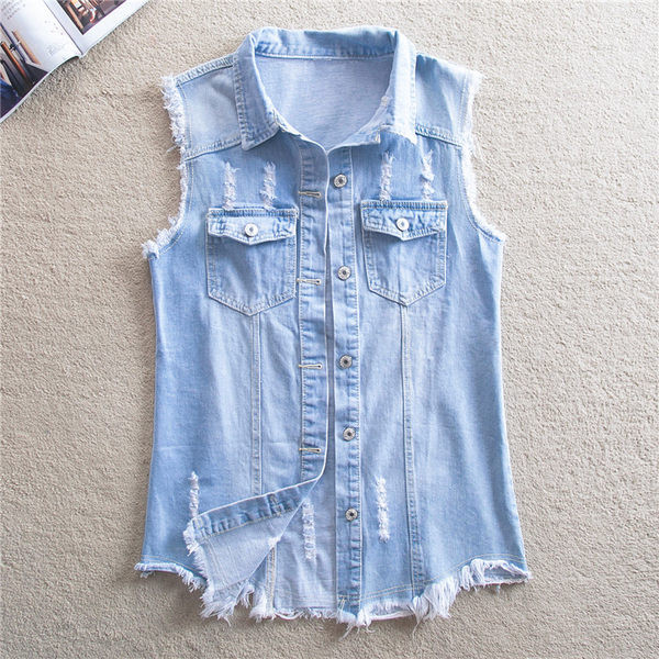 Női farmermellény, zsebbel, szakadt motívumokkal