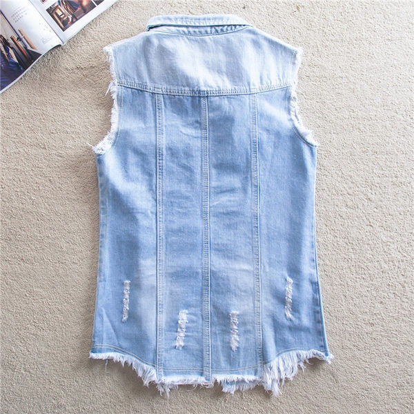 Női farmermellény, zsebbel, szakadt motívumokkal