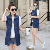 Moteriška džinsinė liemenė su klasikine apykakle ir kišene