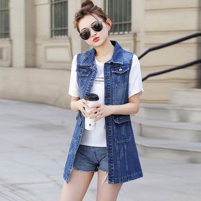 Moteriška džinsinė liemenė su klasikine apykakle ir kišene