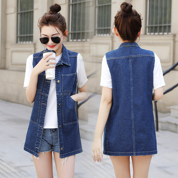 Moteriška džinsinė liemenė su klasikine apykakle ir kišene