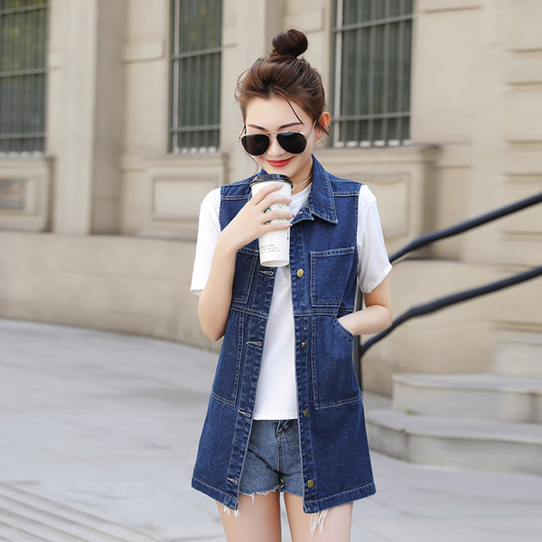 Moteriška džinsinė liemenė su klasikine apykakle ir kišene