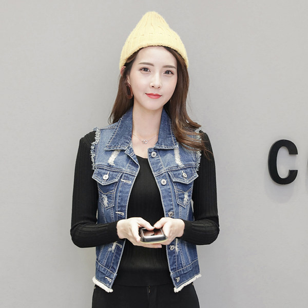 Ženski traper prsluk sa poderanim motivima