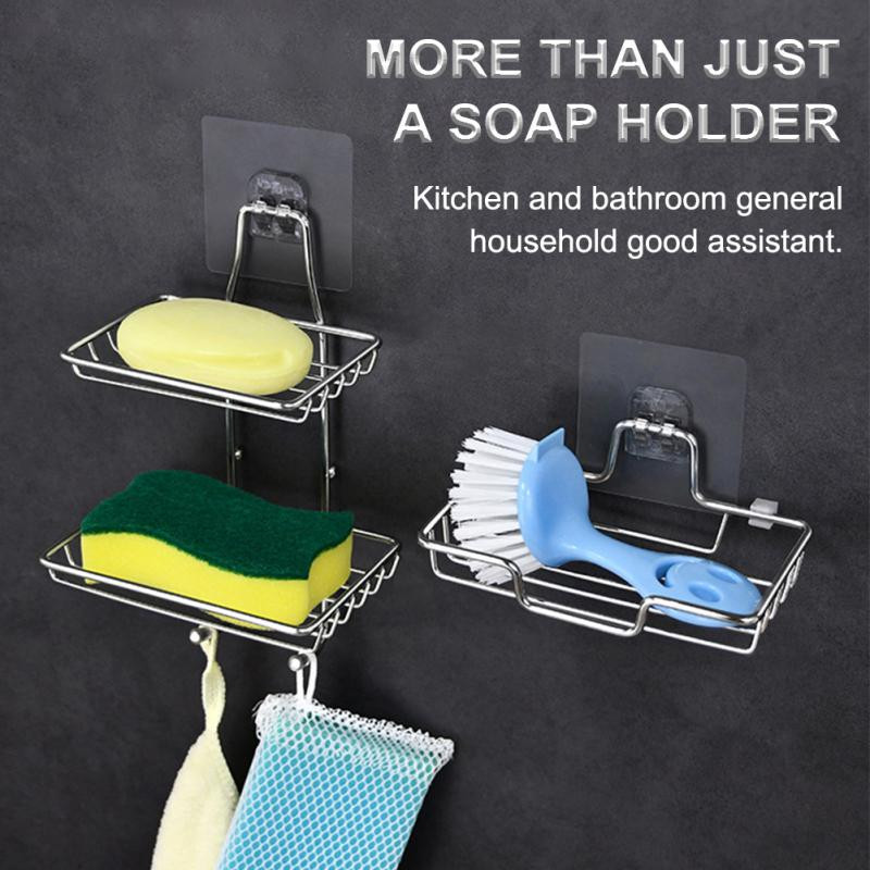 Muilo stovo sienoje montuojamas muilo laikiklis nerūdijančio plieno muilo kempinė Dvisluoksnis drenažo lipnus vonios kambario aksesuaras