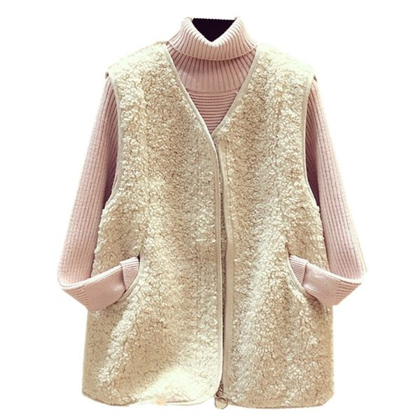 Ženski plišani prsluk s patentnim zatvaračem i džepom