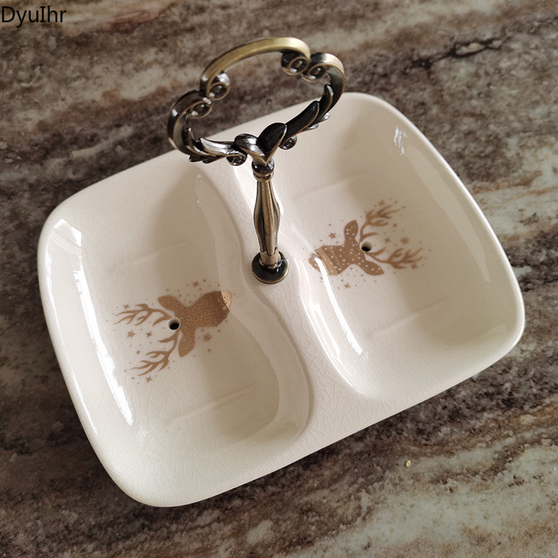 Europietiško stiliaus įtrūkusi keraminė dviejų skyrių muilo dėžutė, buitinė išleidimo rankena muilo indų muilo dėžutė vonios kambario muilo padėklas